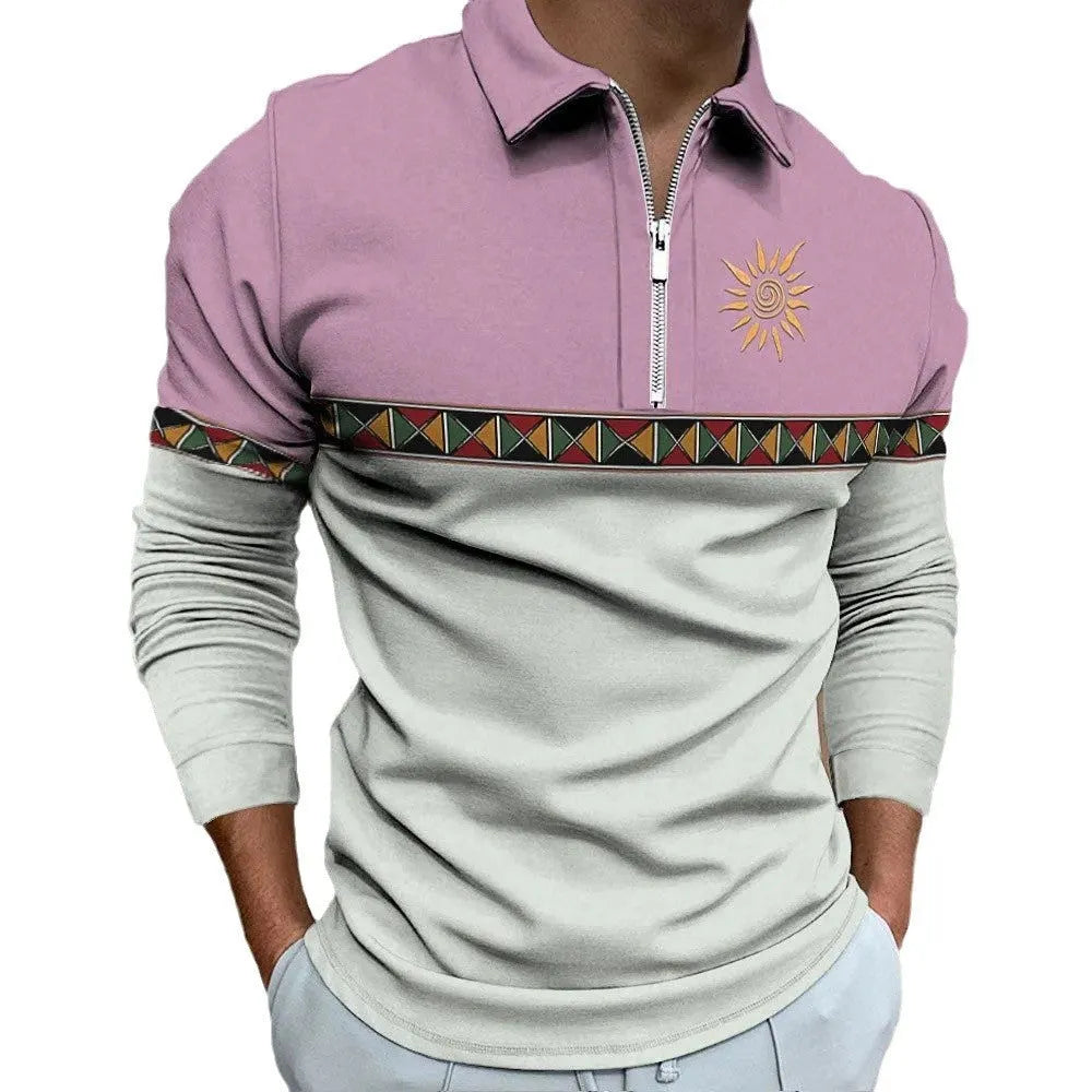 Men's loose fit long sleeve t-shirt with retro stripe prints and zip decorations