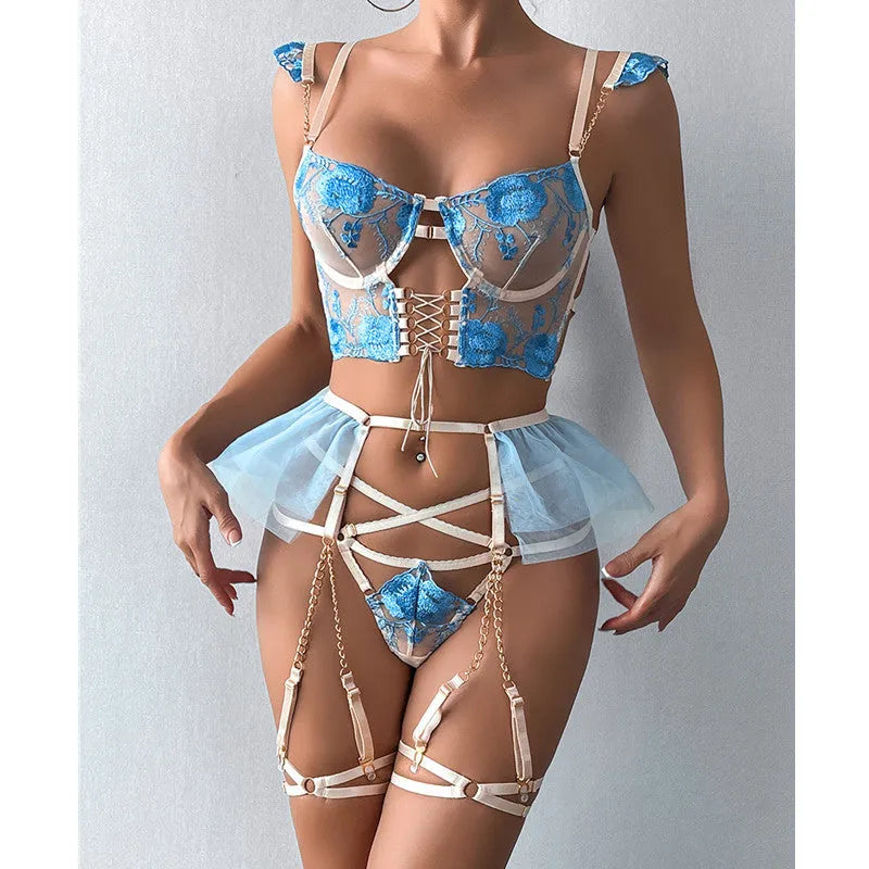 Light blue embroidered mesh underwear set with transparent push up bra and matching briefs