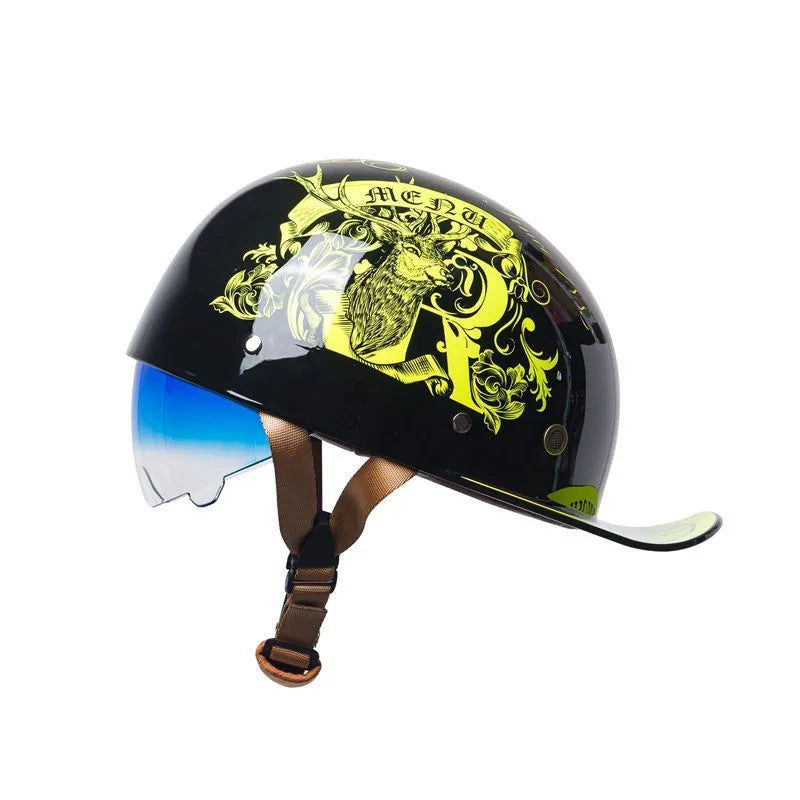 Men's retro half helmet for electric bikes in bright black with a gradient blue lens.