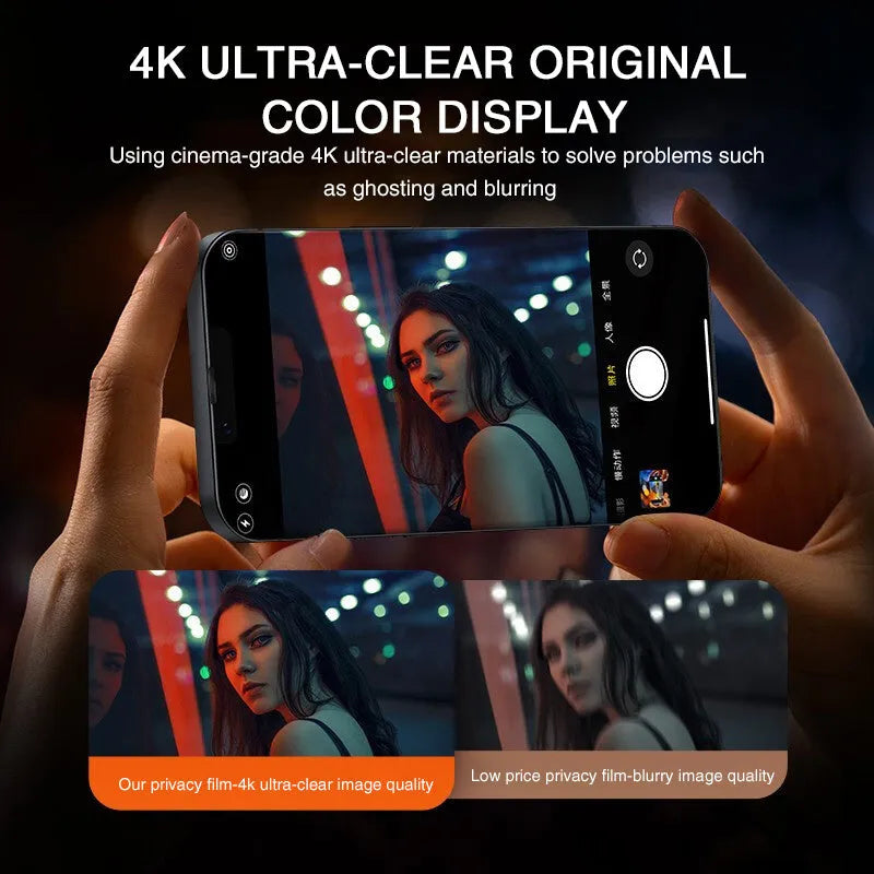 iPhone anti-peeping tempered glass screen protector showing full-screen coverage on a mobile phone.