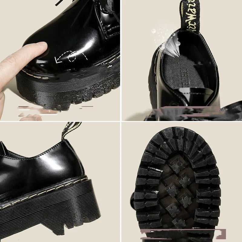 Black thick-soled women's lace-up shoes with ribbon and cross strap detailing on a white background