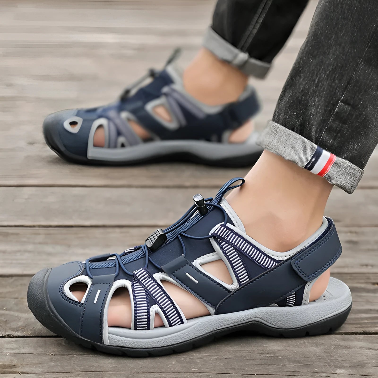 Men's blue and black mesh sports shoes with Velcro strap and rubber sole.