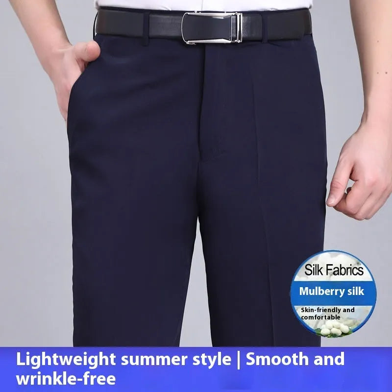 Men's mulberry silk business trousers in straight leg cut with high waist design