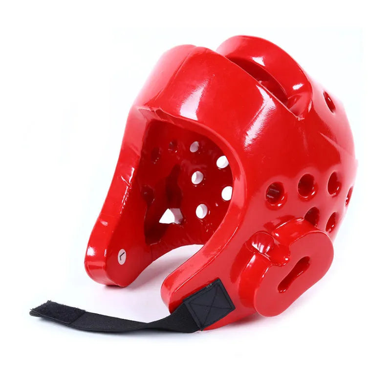 Red and blue martial arts protective gear set including helmet, gloves and leg guards in PU material
