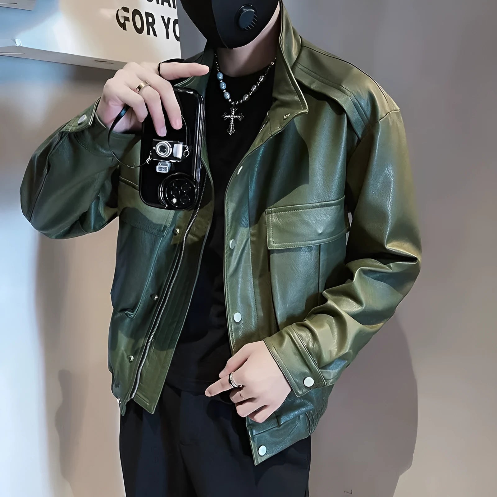 Men's black Korean style PU leather pilot jacket with side pockets and straight hem