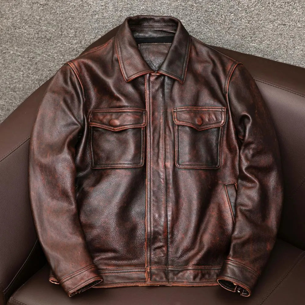 Men's black lapel PU leather jacket with side pockets and loose fit design for plus size wearers