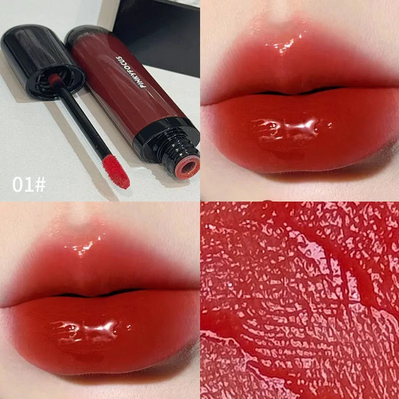 Black glossy mirror lip lacquer in one of six matte colour options: tomato, orange brown, brown, rose, red, or sweet potato.
