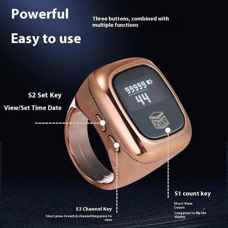 Al-Fatiha Zikr electronic counter unit showing digital display, compatible with watch straps.