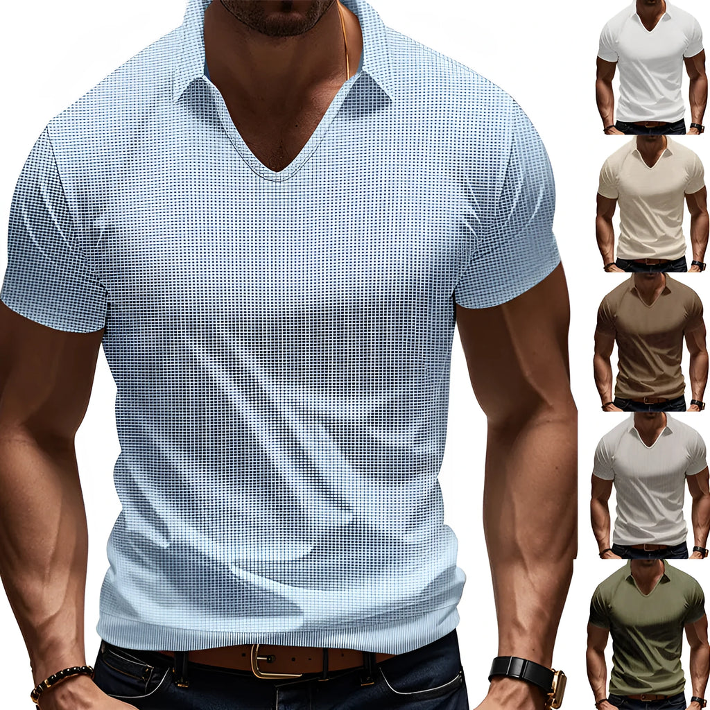 Men's loose fit V-neck short sleeve T-shirt in a light blue cotton blend fabric