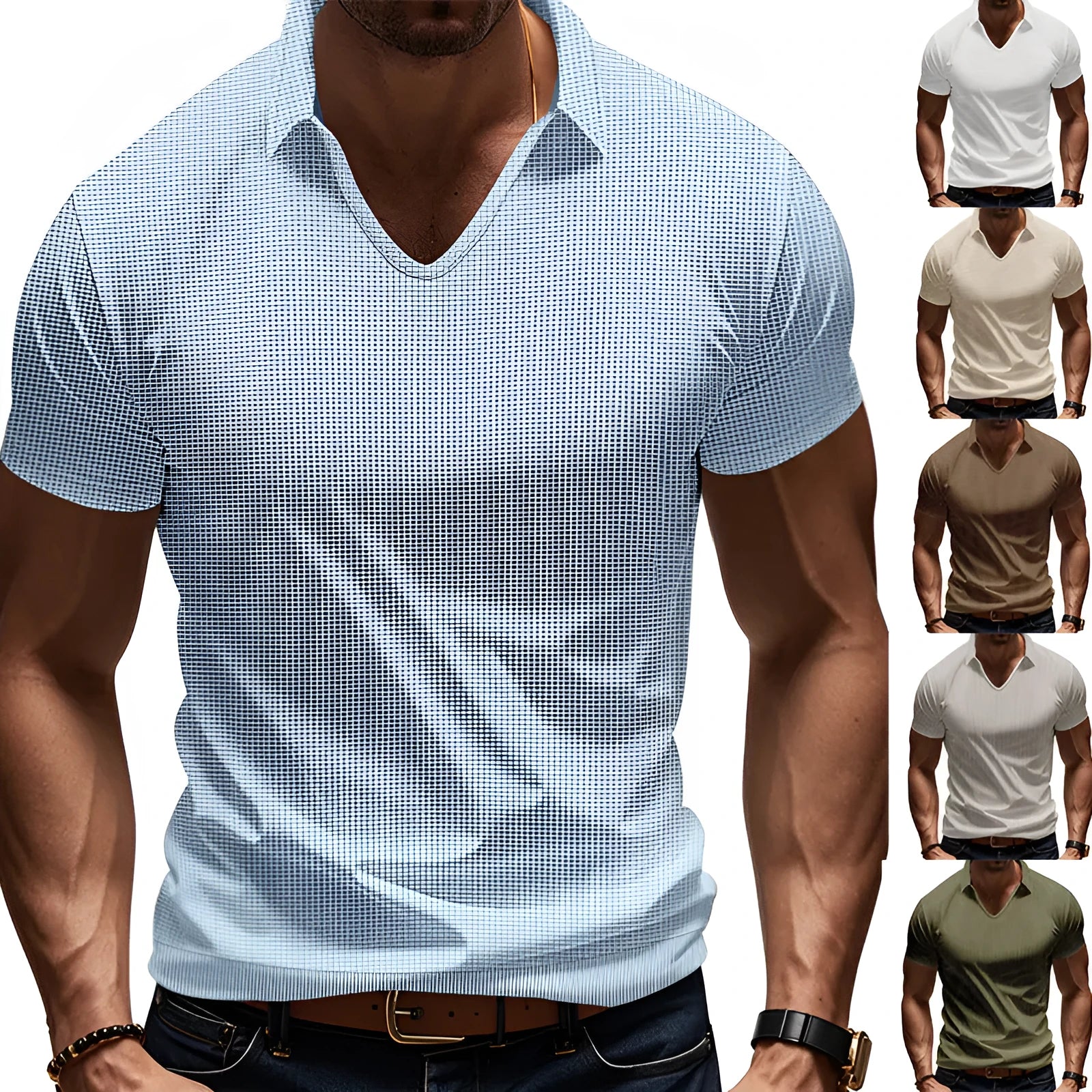 Men's loose fit V-neck short sleeve T-shirt in a light blue cotton blend fabric