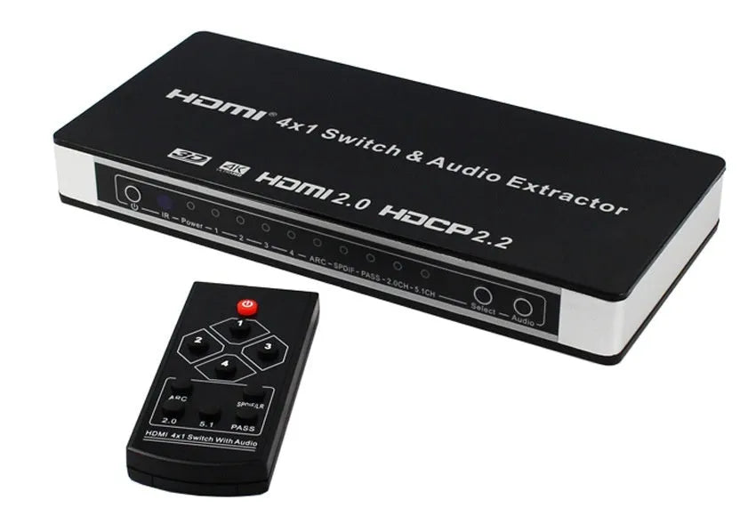 Black four input one output HDMI switch with remote control and power adapter