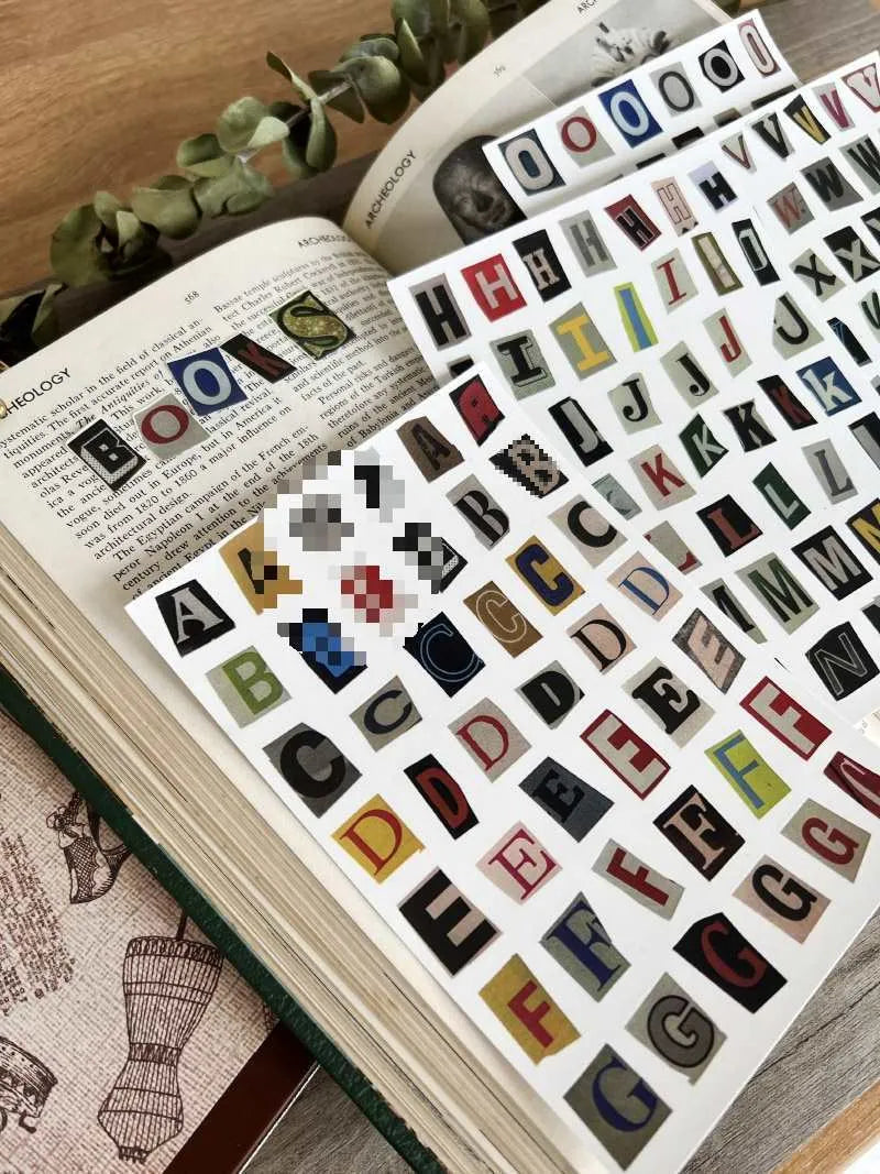 Set of printed vinyl decoration stickers showing English letters A, B, C, D, E and weekly words in a cute style.