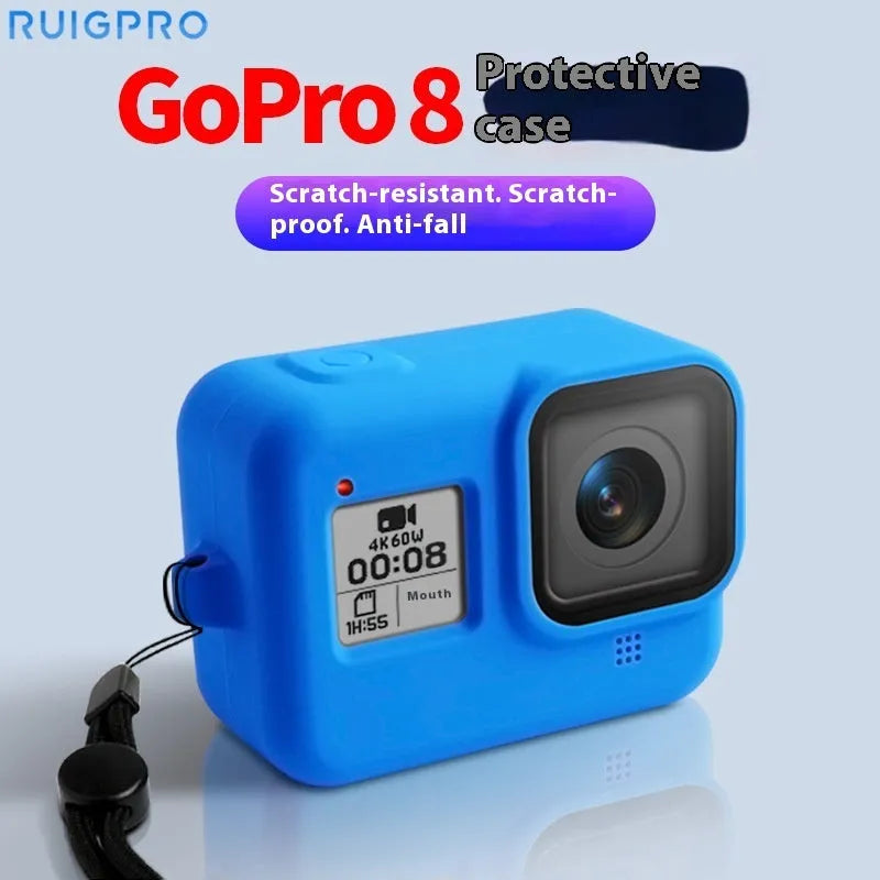 GoPro Hero8 Black silicone protective sleeve and anti-loss carrying strap accessory set in blue.