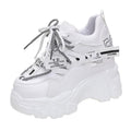 Women's white breathable mesh platform sports shoes with cross strap and rubber sole