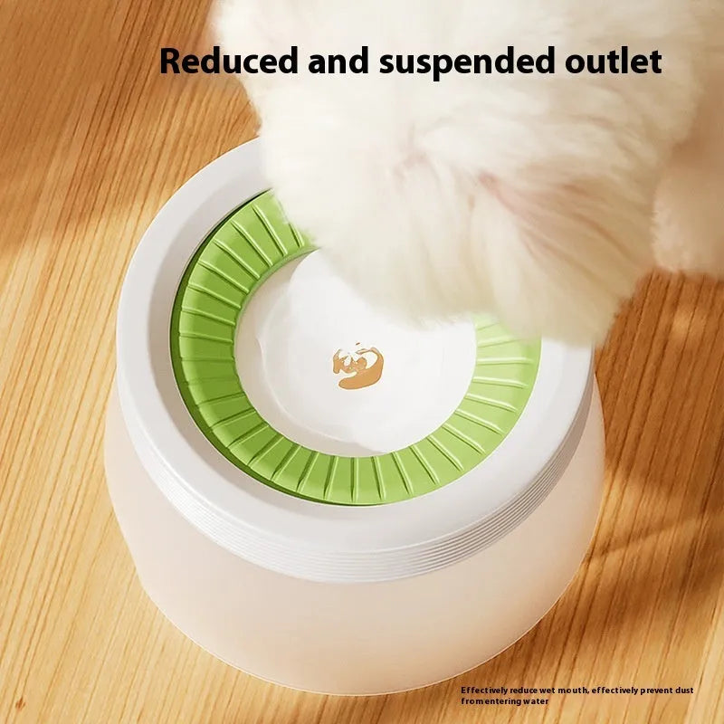Blue suspended pet water bowl for dogs and cats on a white base plate, showing non-spill design.