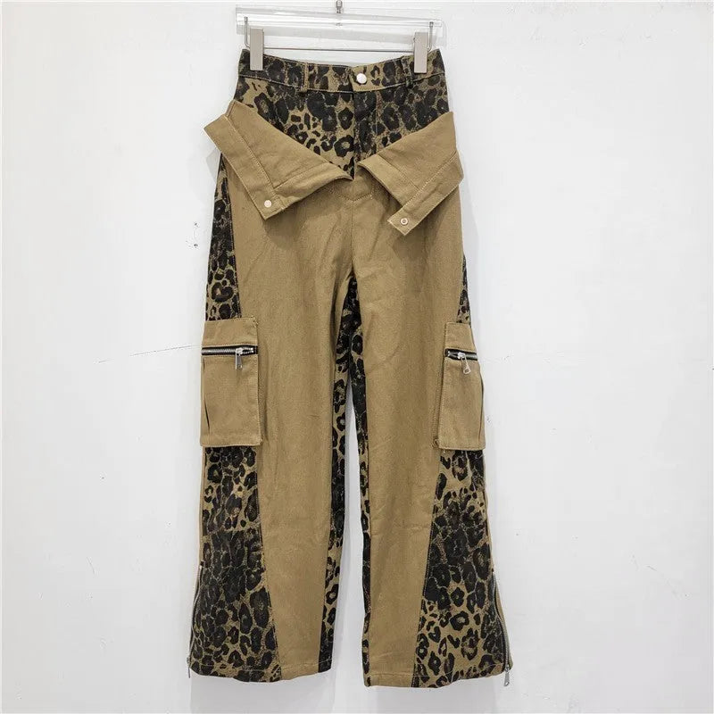 Women's retro high waist jeans with leopard print tooling style and fake two stitching on dark khaki denim