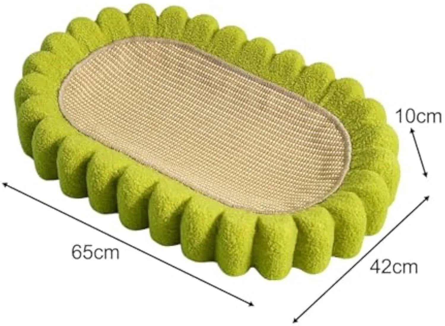 Green oval cat scratcher bowl bed with sisal scratching surface measuring 65cm