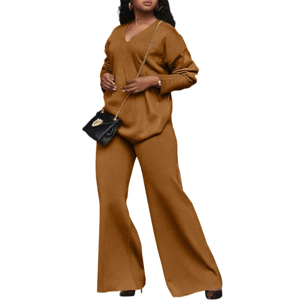 Women's brown suede velvet two-piece lounge suit with split sleeves on the long-sleeved top.