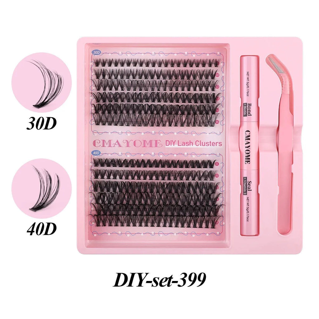 DIY single cluster false eyelashes set with four style options on a clear tray