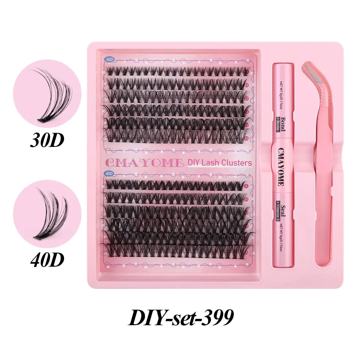 DIY single cluster false eyelashes set with four style options on a clear tray