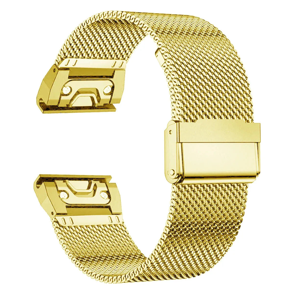 Stainless steel card watch strap for Garmin Fenix models in silver, black, gold, and rose gold finishes.