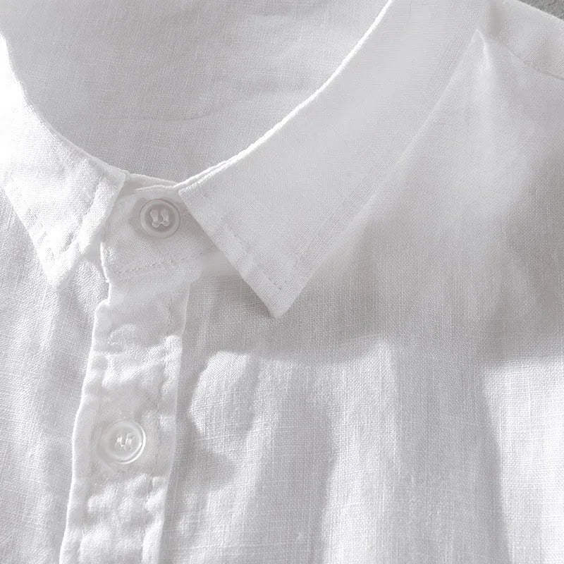 Men's light blue linen blend short sleeve shirt with loose fit on hanger
