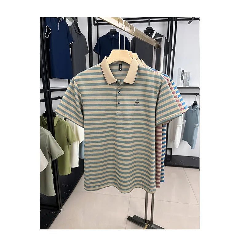 Men's striped polyester short sleeve shirt in red, blue, or green colours with mosaic pattern