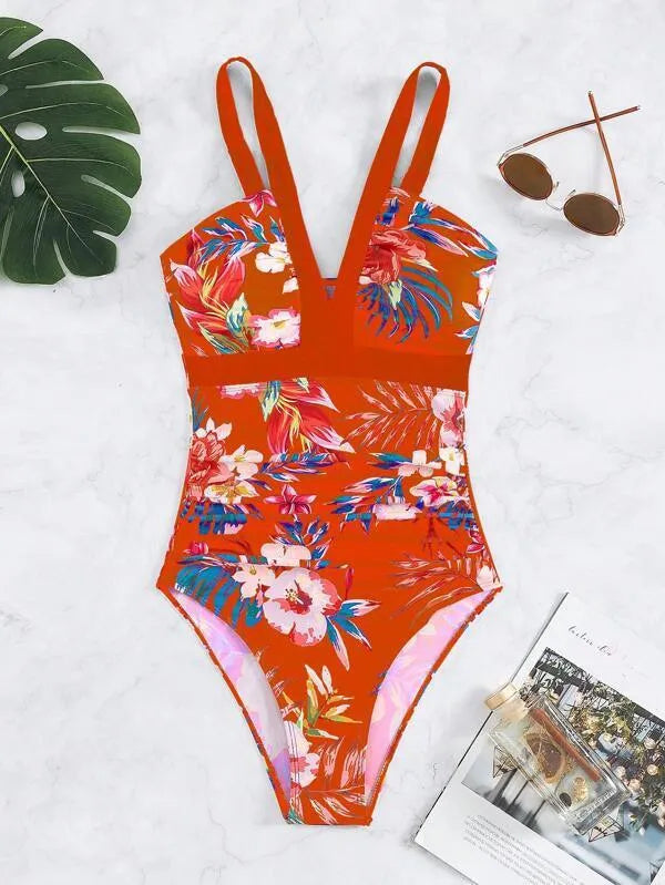 Women's floral backless one-piece swimsuit in multiple colours with high elasticity construction