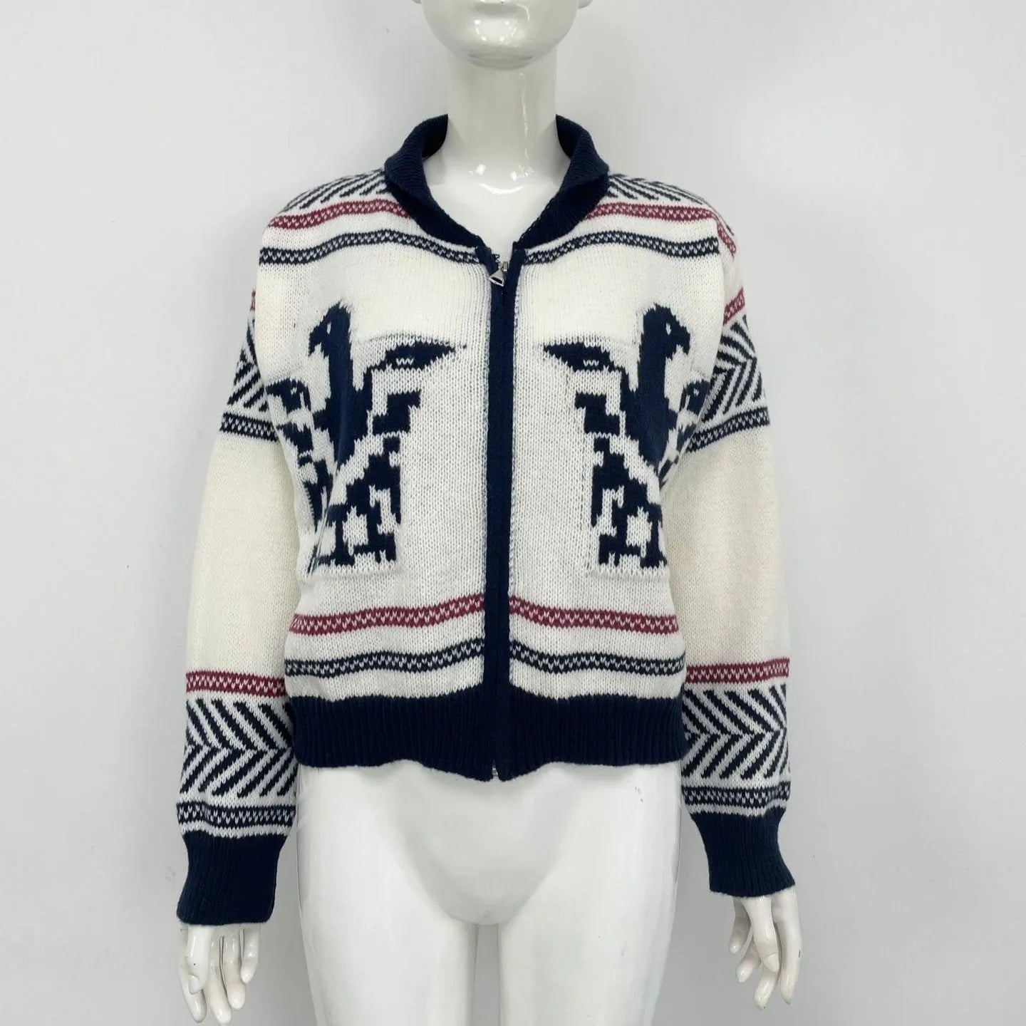 White women's jacquard cardigan with contrast colour stripes and full zip front