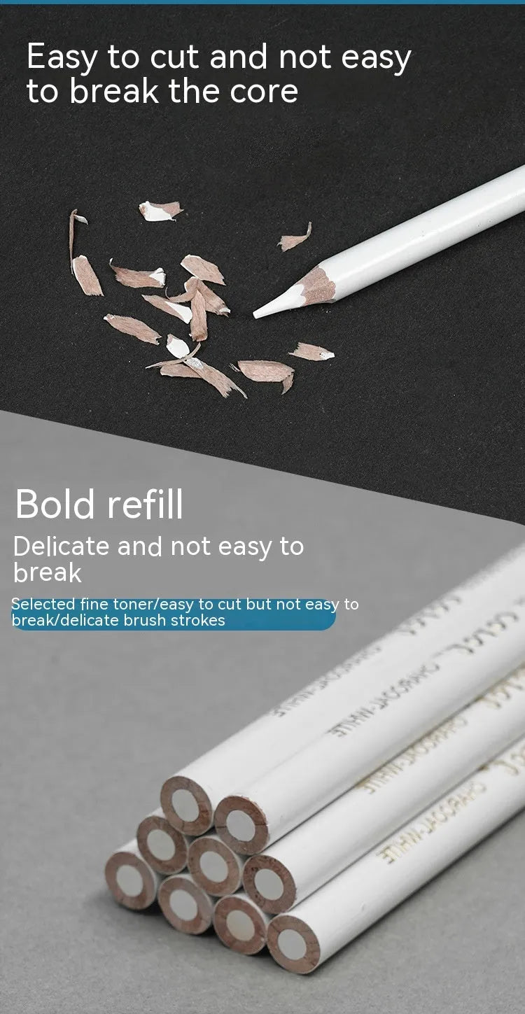 Three white charcoal pencils with wooden casings for drawing on dark paper