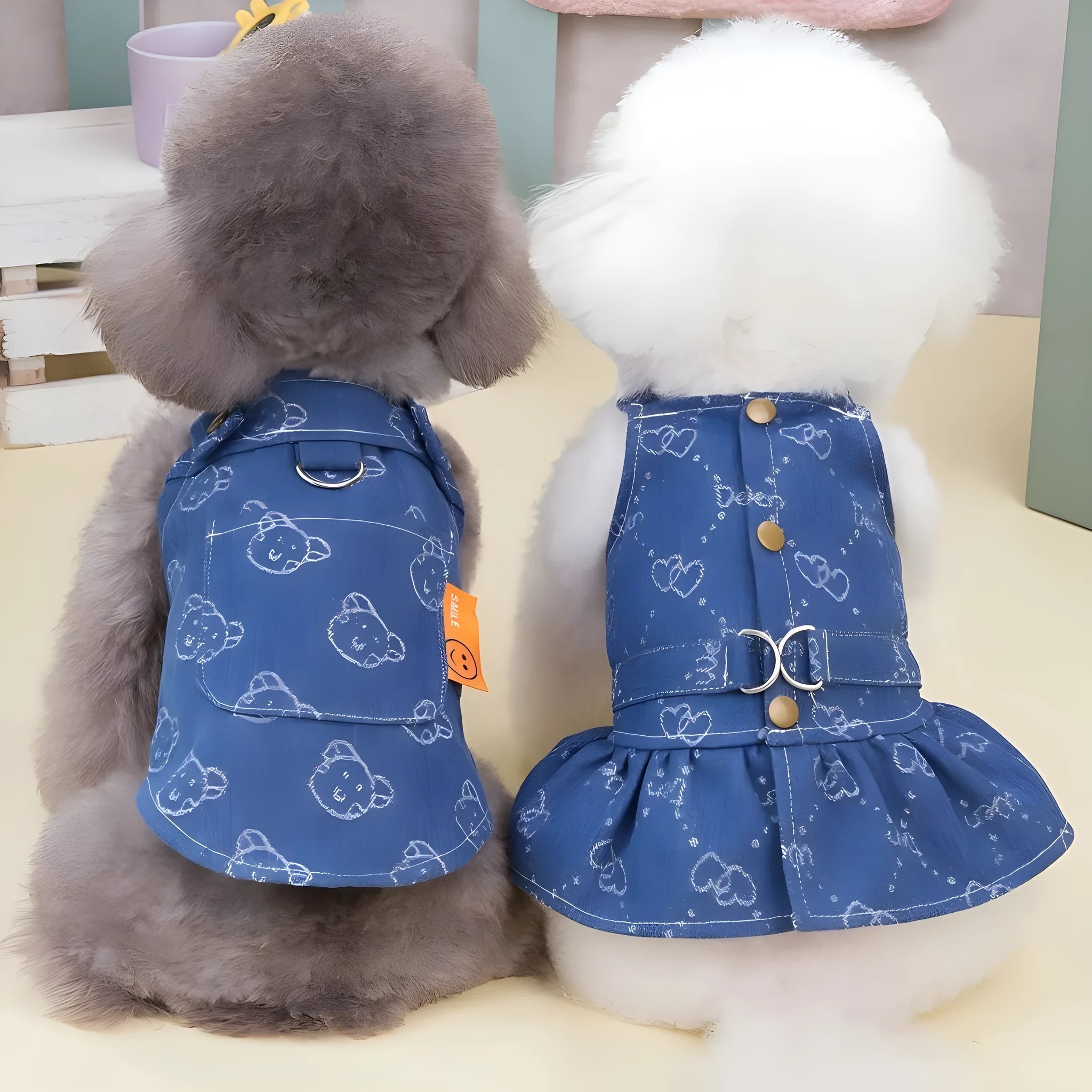 Denim princess dress for small dog on hanger showing bracket skirt style