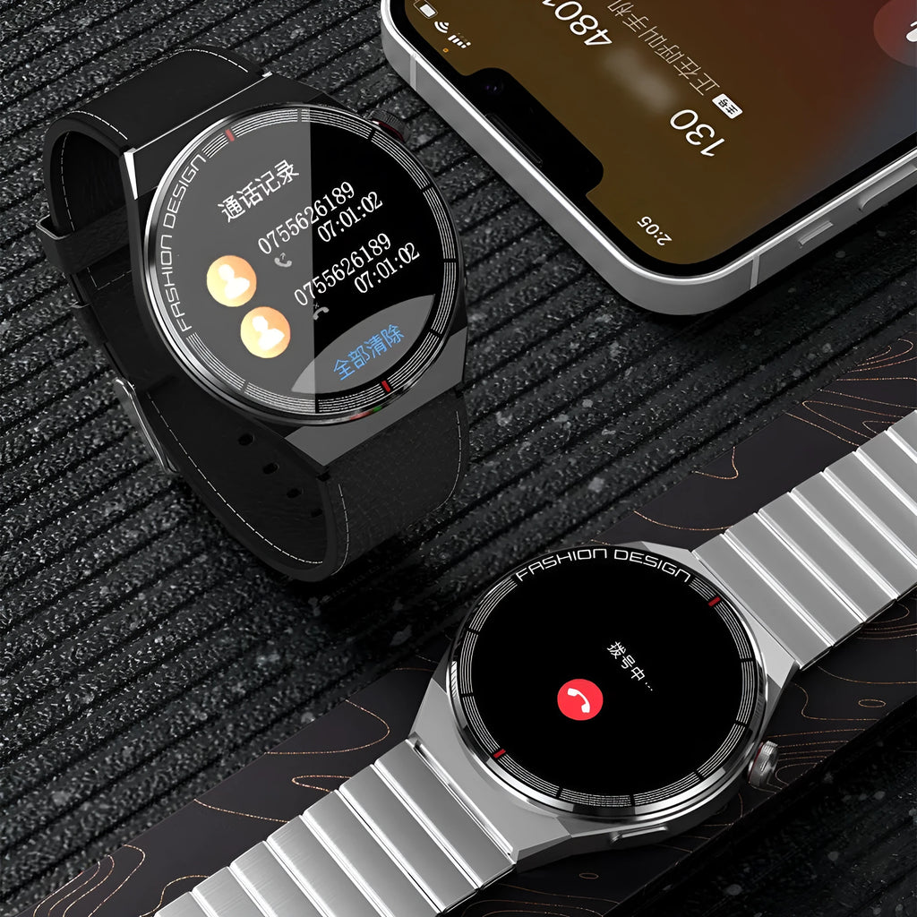 Black smartwatch with 1.28-inch screen on a silicone strap, showing heart rate and time display.