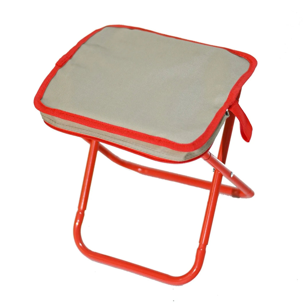 Foldable outdoor camp stool in Oxford cloth shown in a khaki colour, collapsed in its flat pencil box design.