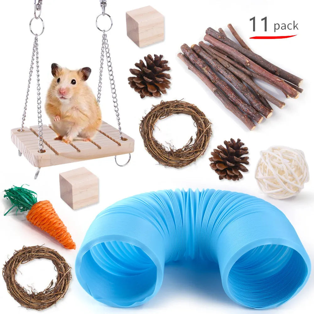 Wooden pet toy set with chewable pieces for rabbits, guinea pigs and parrots