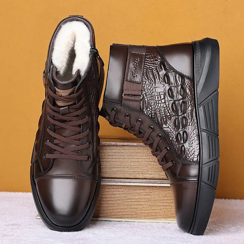 Women's black fur-lined leather snow boots with rubber soles and lace-up front