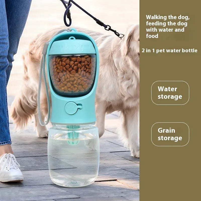 Blue portable plastic dog drinking cup with integrated bowl, showing dual-use design for outings.