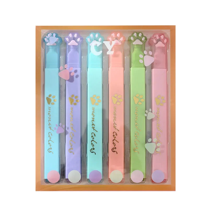 Cat's Paw themed box containing six fluorescent marking pens with oblique nibs in assorted colours