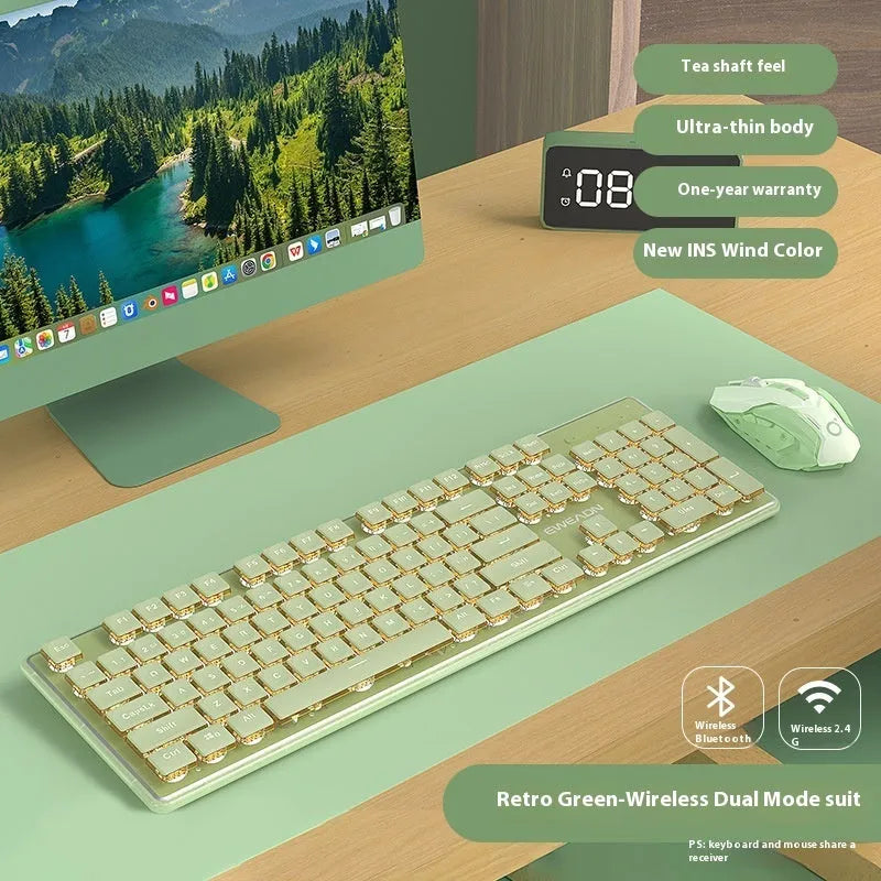 Prewalker V3 mute mechanical feeling keyboard and mouse set in retro green colour on a desk.