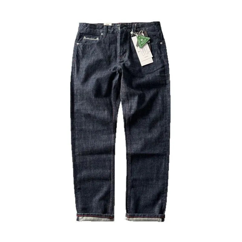 Men's straight-leg cotton denim trousers in a primary colour wash, showing mid-waist fit.