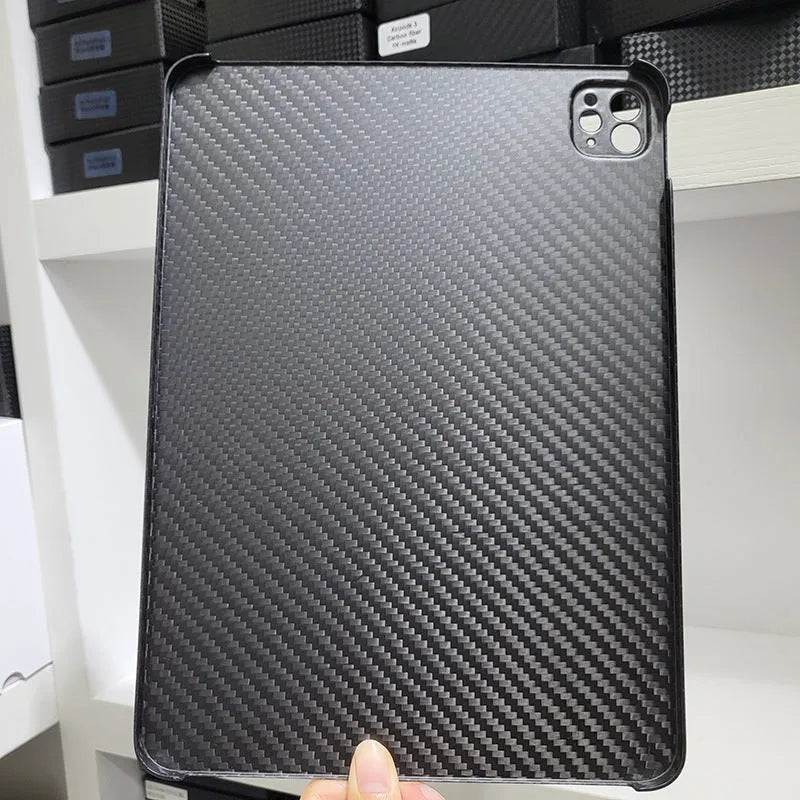 Real carbon fibre hard protective case for Apple iPad Pro 11 with a plaid embossed pattern.