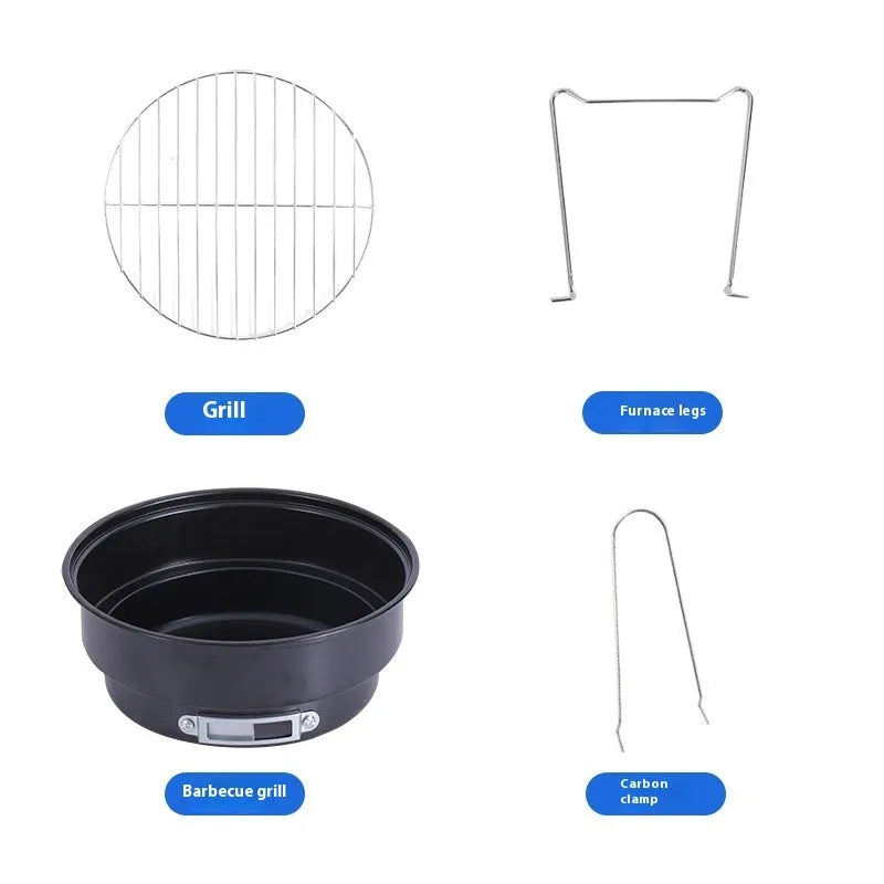 Small folding round outdoor ice stove with grill mesh, legs, and accessories for 1-2 people