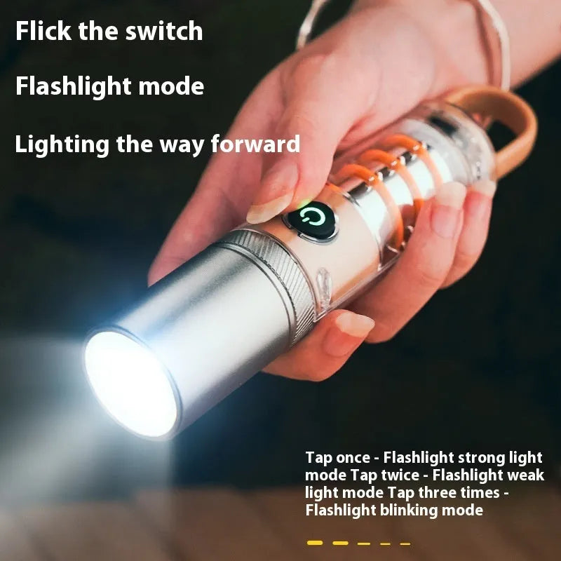 Orange and beige multifunctional flashlight with hook attachment and keychain