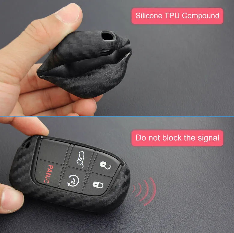 Silicone key protection case for Dodge Chrysler Fiat remote keys in carbon fibre design