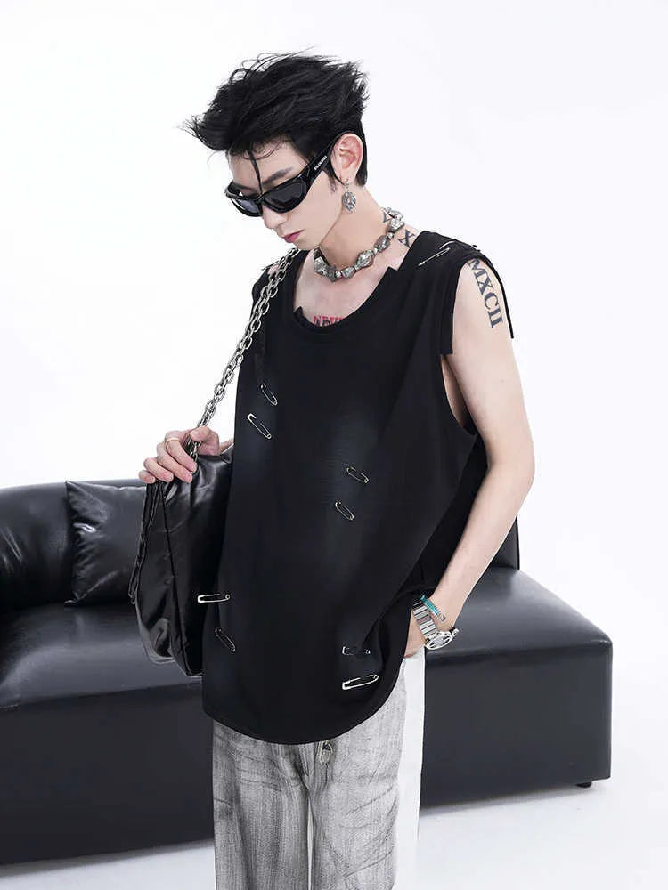 Men's black sleeveless vest t-shirt with ripped irregular cutting piece design and round neck collar