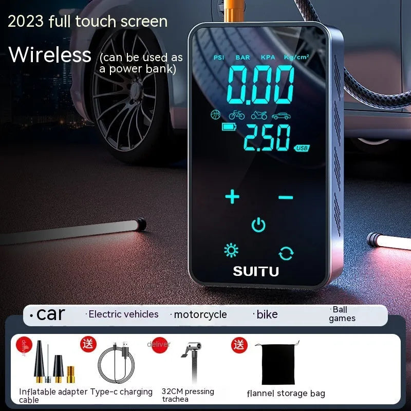 ST-9616C compact black wireless car tyre inflator with LCD screen, hose, and nozzle set on a cloth bag