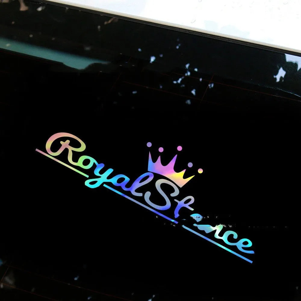 Reflective colourful vinyl crown design car sticker measuring 30 by 12 centimetres.