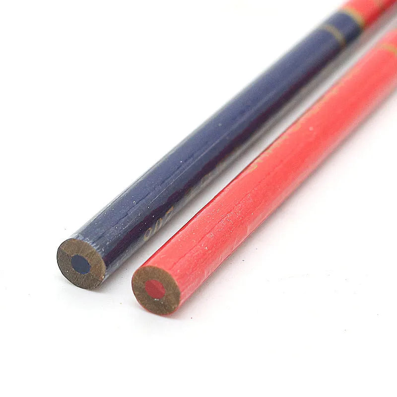 Ten red and blue two-colour round wooden carpenter's pencils for building site marking