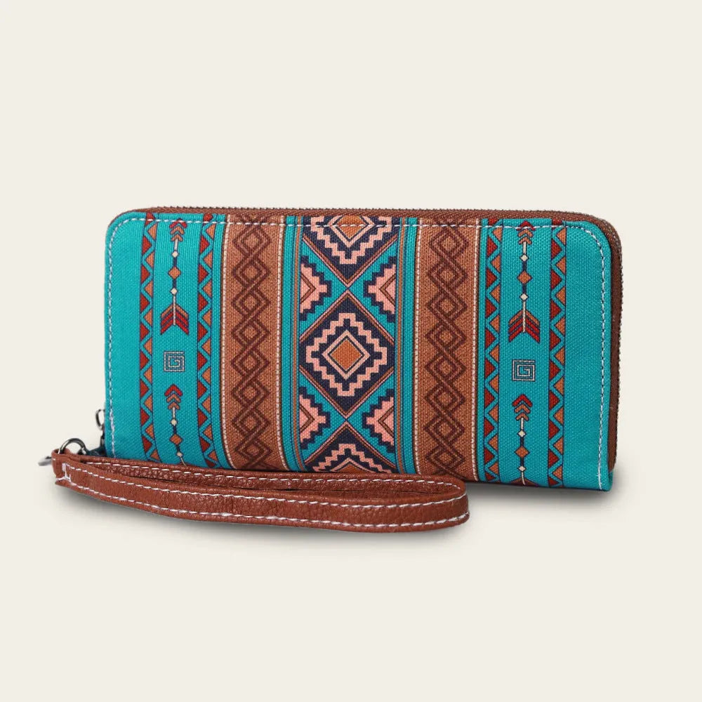Bohemian-style striped canvas RFID wallet with wind belt design shown in multiple colour options