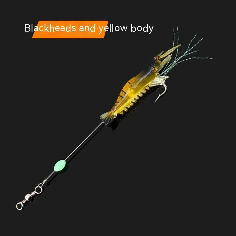 Six soft fishing lures with hooks in different colours including luminous and transparent variations