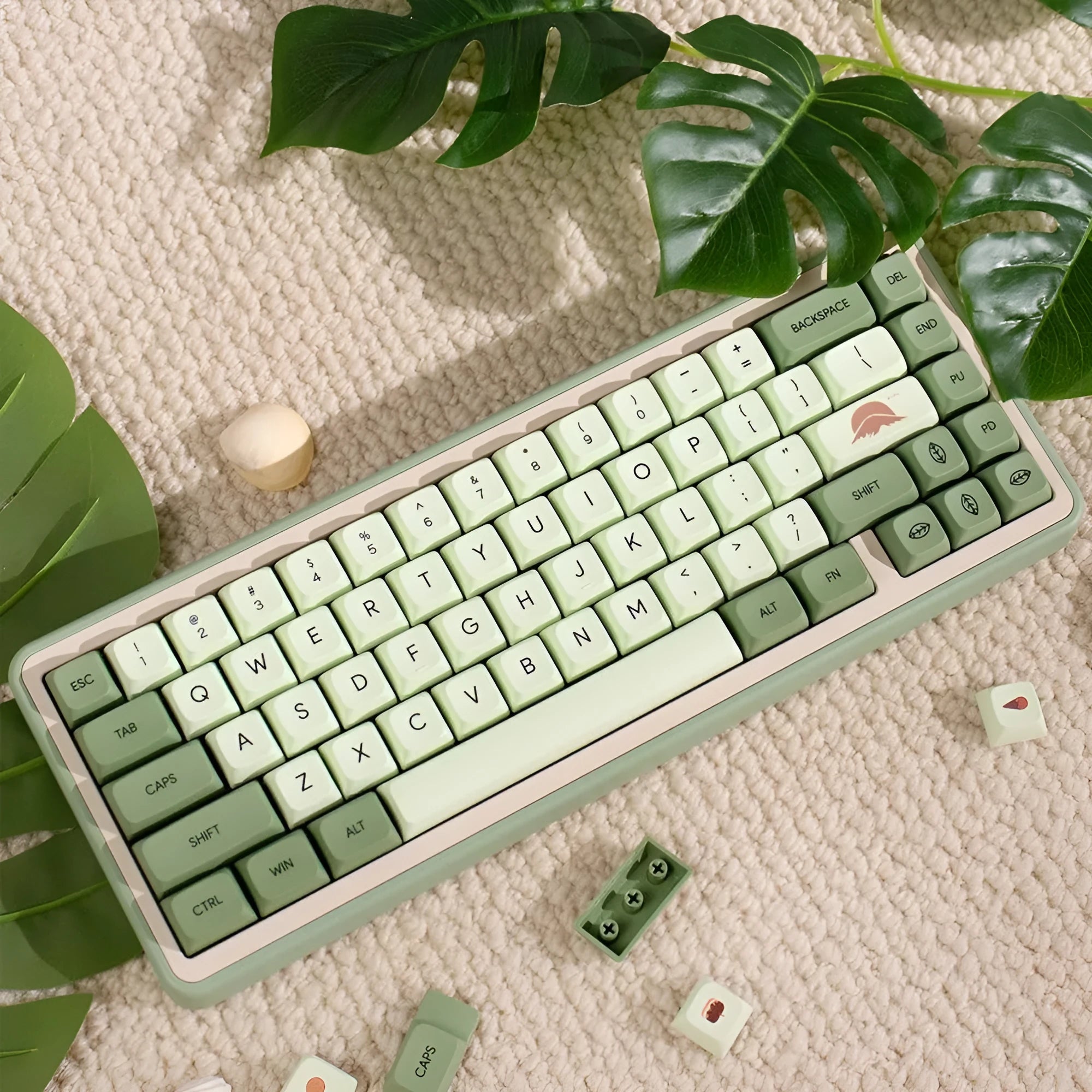 Matcha green PBT keycap set with 124 keys for mechanical keyboards, showing sublimation dye legends.